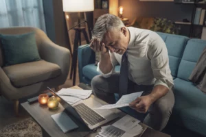 Man in a tie sitting on a sofa with head in hands, surrounded by documents and a laptop on a coffee table — portraying the stress and complexity of adversary proceedings in bankruptcy cases.